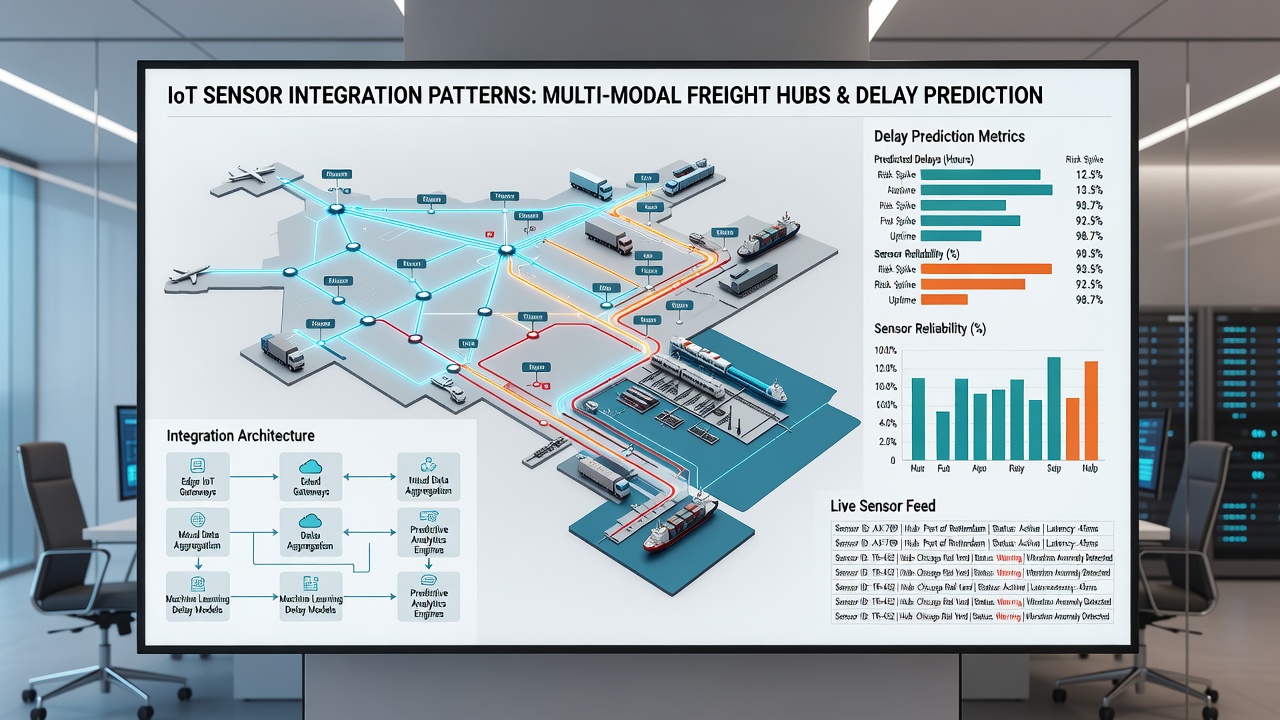 Dashboard displaying real-time IoT sensor feeds and delay probability scores at a multi-modal freight terminal