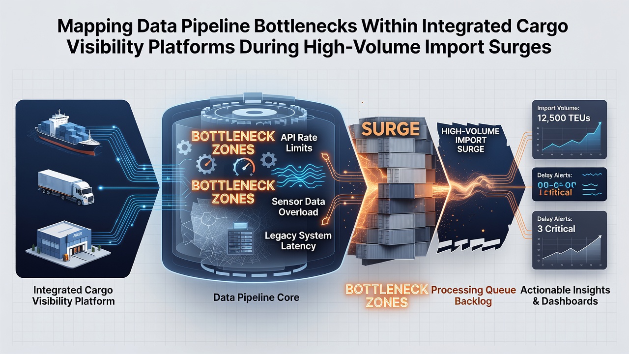 Visualization of pipeline monitoring dashboard displaying latency metrics and queue depths across cargo data integration stages